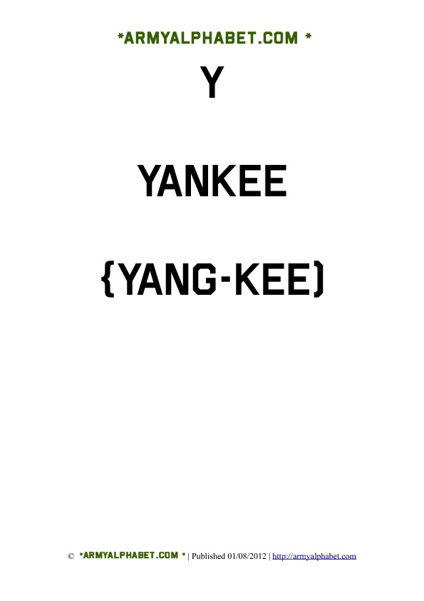 Army Alphabet Flashcards y yankee